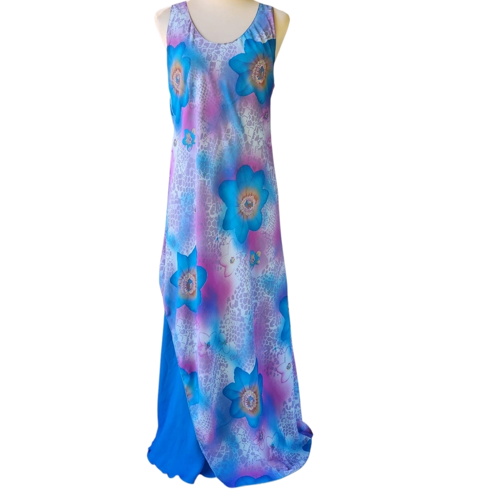 Y2K Psychedelic Floral Maxi Dress Blue Purple Slip Asymmetrical Dopamine M